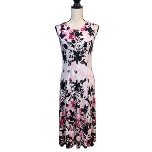 Danny and Nicole Pink and Black Floral Sleeveless Summer Midi Dress Size Medium